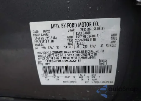 2021 Ford Explorer z USA, uszkodzony, nr VIN 1FMSK7BH9MGA22151